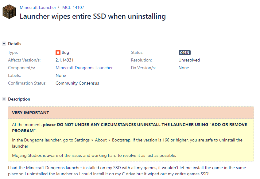 Win98Tech's tweet photo. Minecraft Dungeons might wipe your SSD if you uninstall it https://t.co/WJY2fbBLws