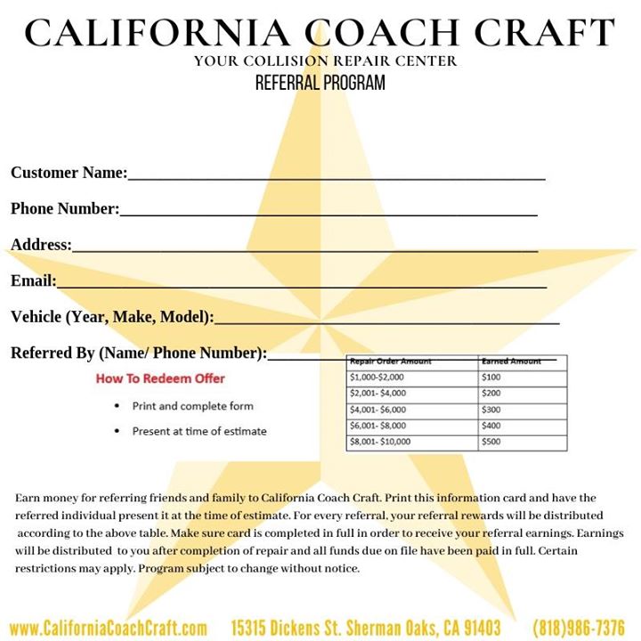 CACoachCraft's tweet photo. Make extra money from home! Refer your friends and family to California Coach Craft. Fill out the referral card and we'll pay you once repairs are completed. We have vehicle pick up &amp; drop off services! Call or text (818)986-7376 email info@CACoachCraft.com for a free estimate https://t.co/yJp4bTM2iy