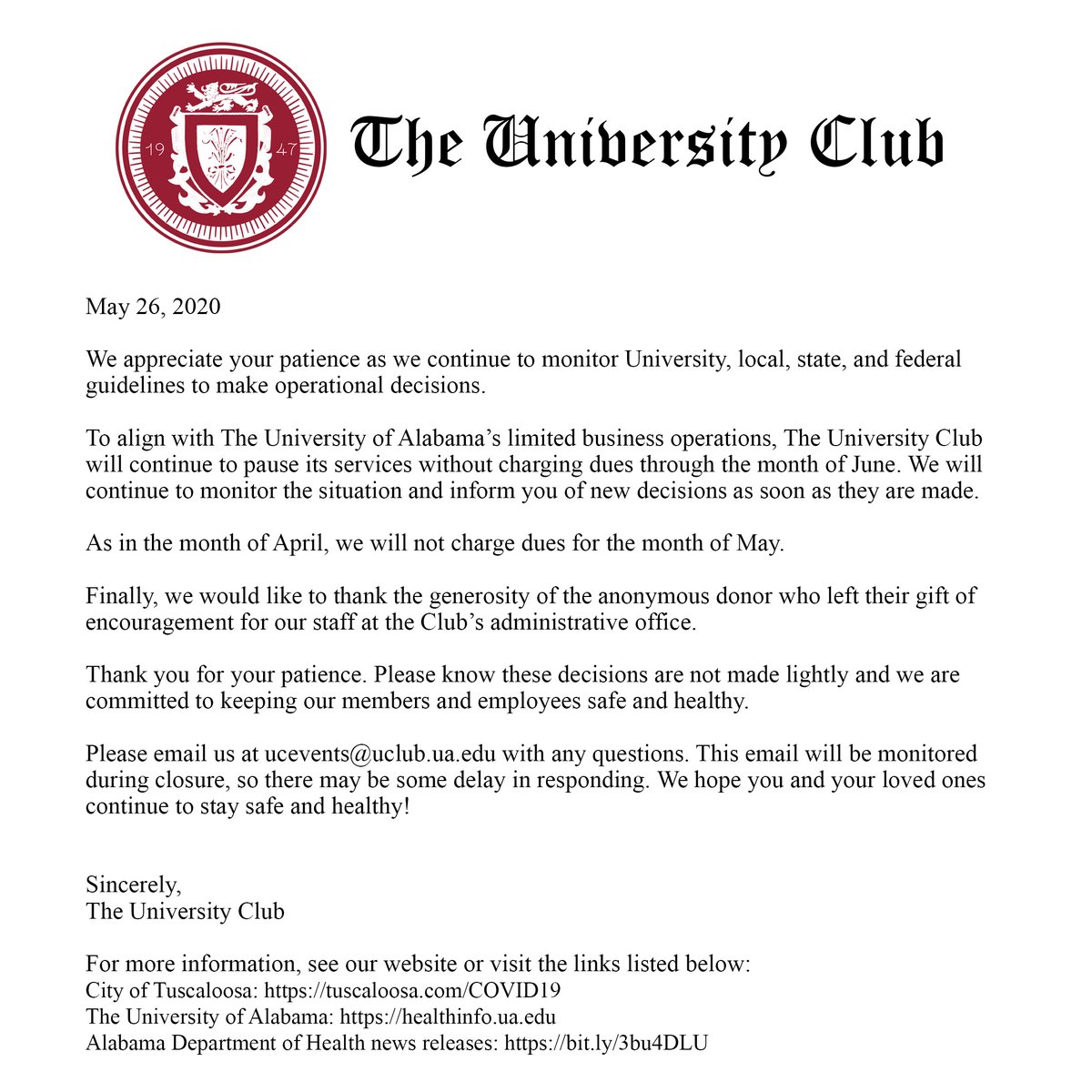 We hope you are continuing to stay safe and healthy! We will keep you updated with any changes as soon as they come. Thank you for your patience!

Please feel free to email us with any questions.