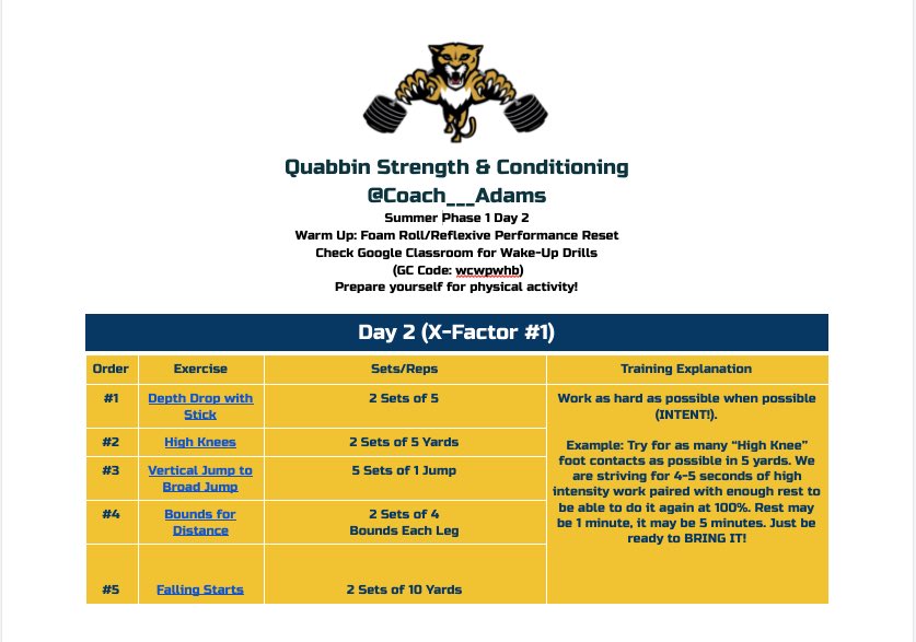 Coach___Adams's tweet photo. Summer Phase 1 Day 2. Move with INTENT! Join the Google Classroom to 👀 the videos! Drink water, rest plenty, rest in the shade and limit your time in the sun. Stay safe! #QuabbinSC https://t.co/vPB2lUYo6Q