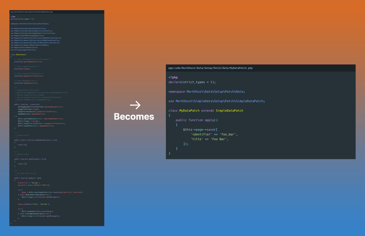 MarkShust's tweet image. New blog post: Simplifying Magento Setup Data Patch Scripts with SimpleData markshust.com/2020/05/26/sim…