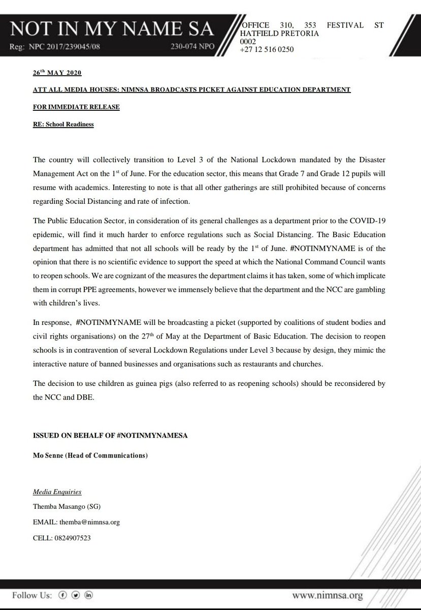 NotInMyNameINT's tweet photo. NIMNSA BROADCASTS PICKET AGAINST @DBE_SA
ISSUED ON BEHALF OF #NOTINMYNAMESA
@Mo_Senne (Head of Communications)
Media Enquiries
Themba Masango (SG) https://t.co/ibaenr3wcB