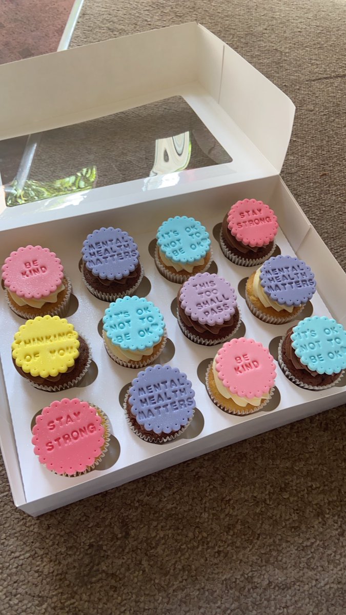 Chloecakec's tweet photo. I was very grateful to have been asked if I could make a contribution during #MentalHealthAwarenessWeek2020 and so I decided to make my “pick me up” cupcakes with some extra toppers specifically aimed towards mental health! These went onto the children’s paediatric wards 💗💗 https://t.co/2WbtQ8bnyR