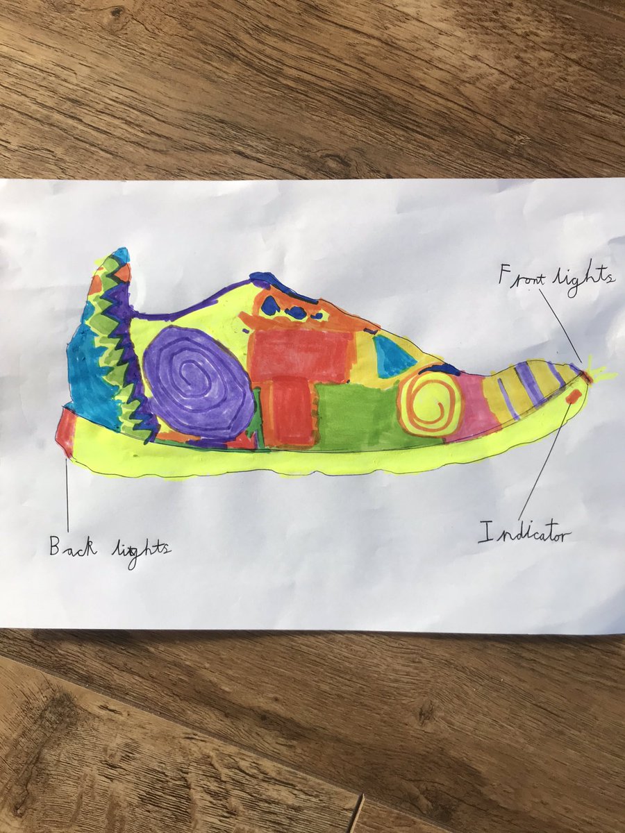NDougs's tweet photo. @menstonprimary Thomas in Willow Class has designed these trainers by tracing his new shoes. They come with front and back lights and an indicator! They will clearly be visible from a distance 😂 https://t.co/m53ZeaA1wX