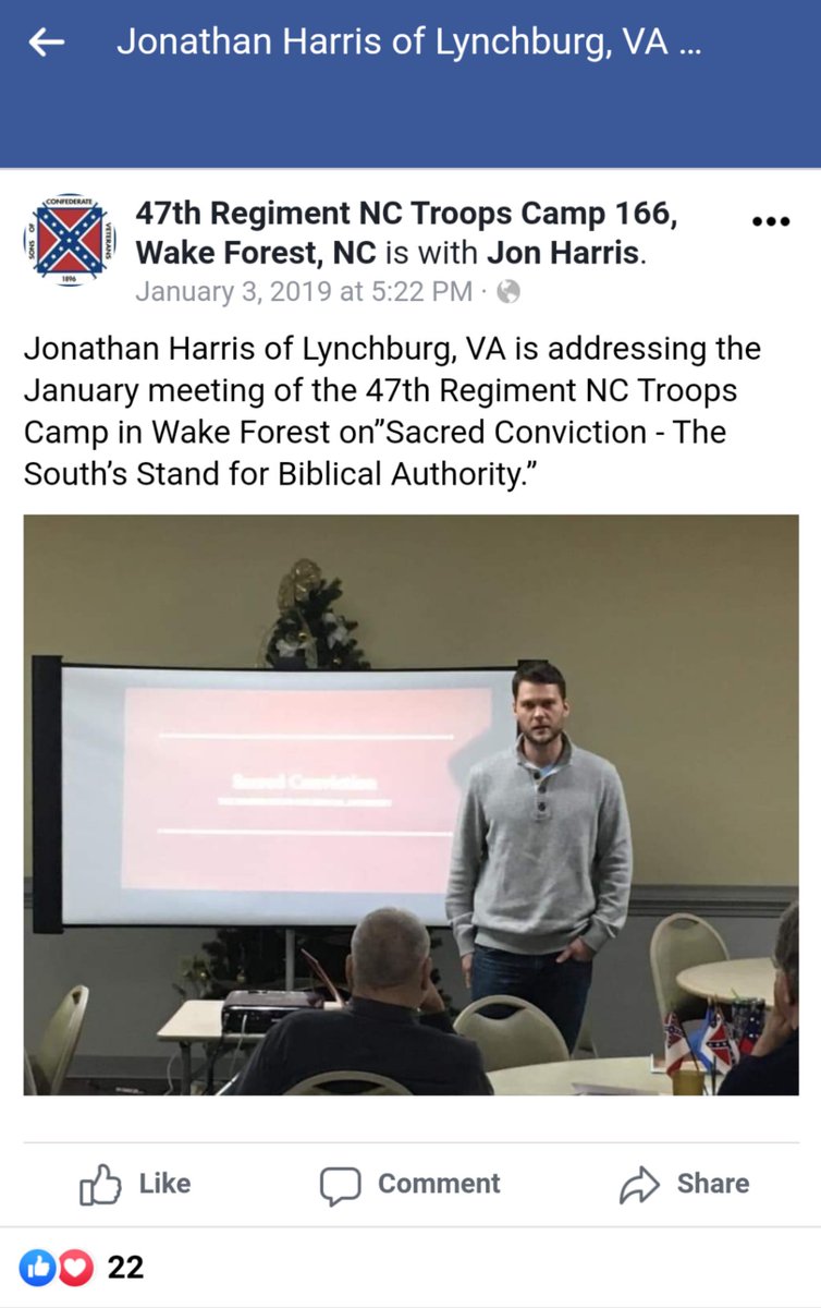 3/ Here is what he produced. Now, not only is this Jon Harris presenting a "paper" (in quotes for a reason) with the exact title, but he is presenting it to a Confederate troop and the date is January 3, 2019, not all that long ago.