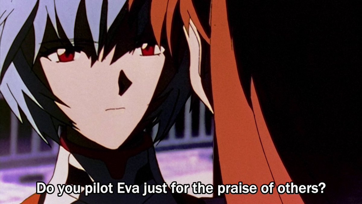 it's a crime to reduce asuka and rei to a nonexistent love triangle with shinji. obviously, rei+asuka are visual opposites—blue/red, cool/hot, quiet/loud, feminine/masculine; thematically, they represent the collective vs the individual, the self sufficient vs self sacrificing.