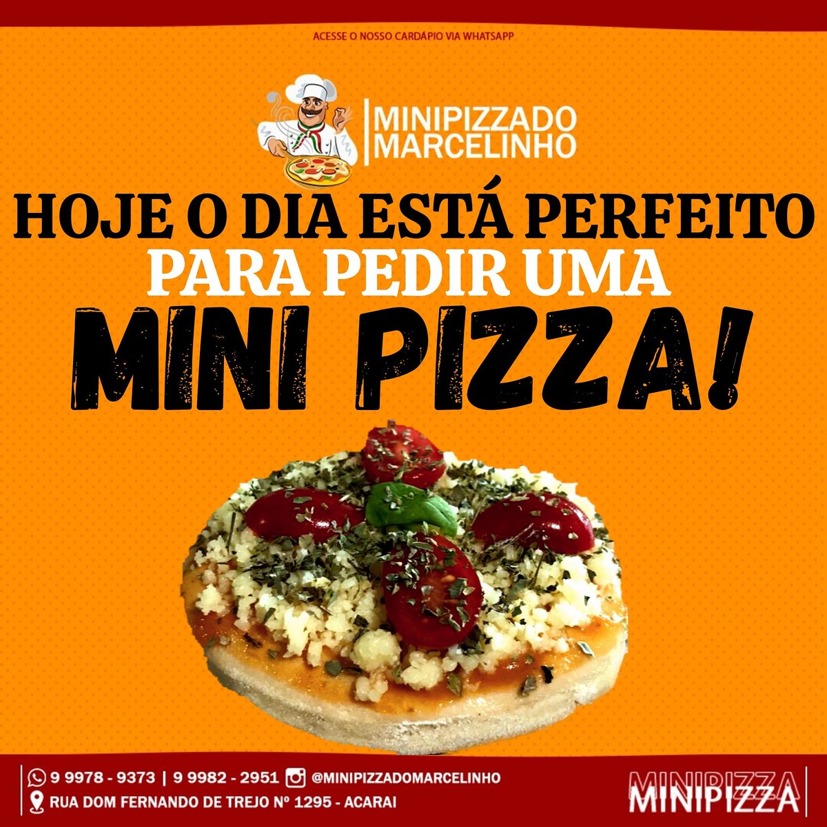 MarcelinhoMini's tweet photo. Hoje o dia está perfeito para pedir uma mini pizza!
Não perca tempo e peça já a sua. 
.
.
.
#dia #perfeito #pedir #minipizzadomarcelinho #salgadas #doces #peçajaasua #delivery https://t.co/k6F6KAarQg