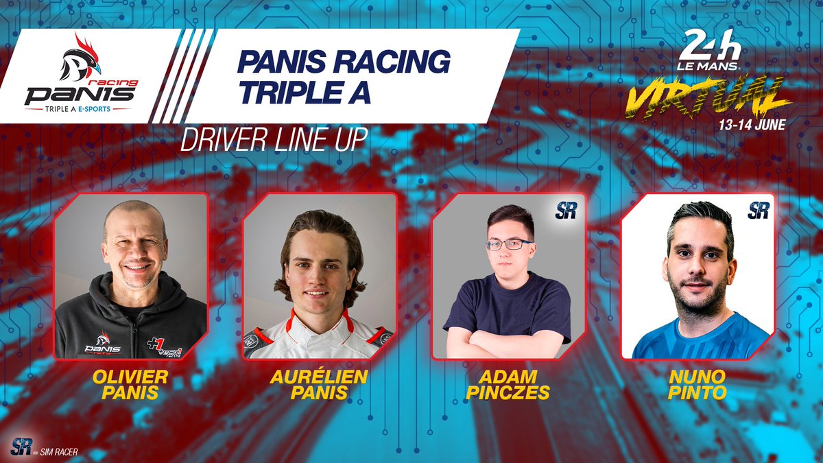 .@panisracing's first lineup for the #LeMans24Virtual has been announced by the French team! Olivier Panis 🇫🇷, <a href="/AurelienPanis/">Aurélien Panis</a> 🇫🇷, Adam Pinczes 🇭🇺 &amp; <a href="/nunopintosr/">Nuno Pinto</a> 🇵🇹 will be sharing the wheel of the No.9 Oreca 07! 🎮

➡️ 24virtual.lemansesports.com

#ELMS #LeMans24 #RaceAtHome