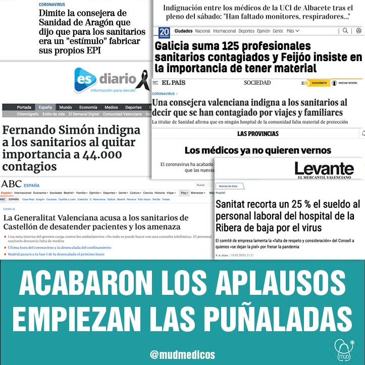 MUDmedicos's tweet photo. 💥"ACABARON LOS APLAUSOS, EMPIEZAN LAS PUÑALADAS"💥 La sanidad española y sus profesionales se han DEJADO LA PIEL para SALVAR al PAÍS, comienza la vuelta a la rutina del DESPRECIO y las TERRIBLES CONDICIONES LABORALES.... RT‼️ #niheroesnimártires  #DESESCALADAsanitaria #salimos https://t.co/VYyl0QyCLY