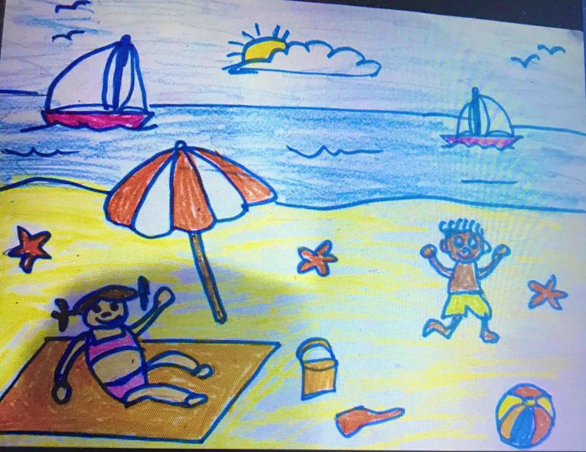 Rudydog44's tweet photo. Saint John 2nd grade students a day at the beach art work. https://t.co/nOan9bxpBt