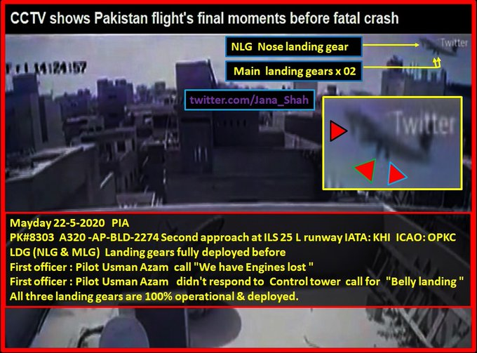 PK#8303 -AP-BLD-2274 2nd approach at ILS 25 L runway IATA:KHI ICAO:OPKCNLG&MLG Landing gears fully deployed b4 First officer: Pilot Usman Azam call "We have Engines lost"He didn't respond2 Control tower call4 "Belly landing"All 3 landing gears operanl&deployed in both apprches
