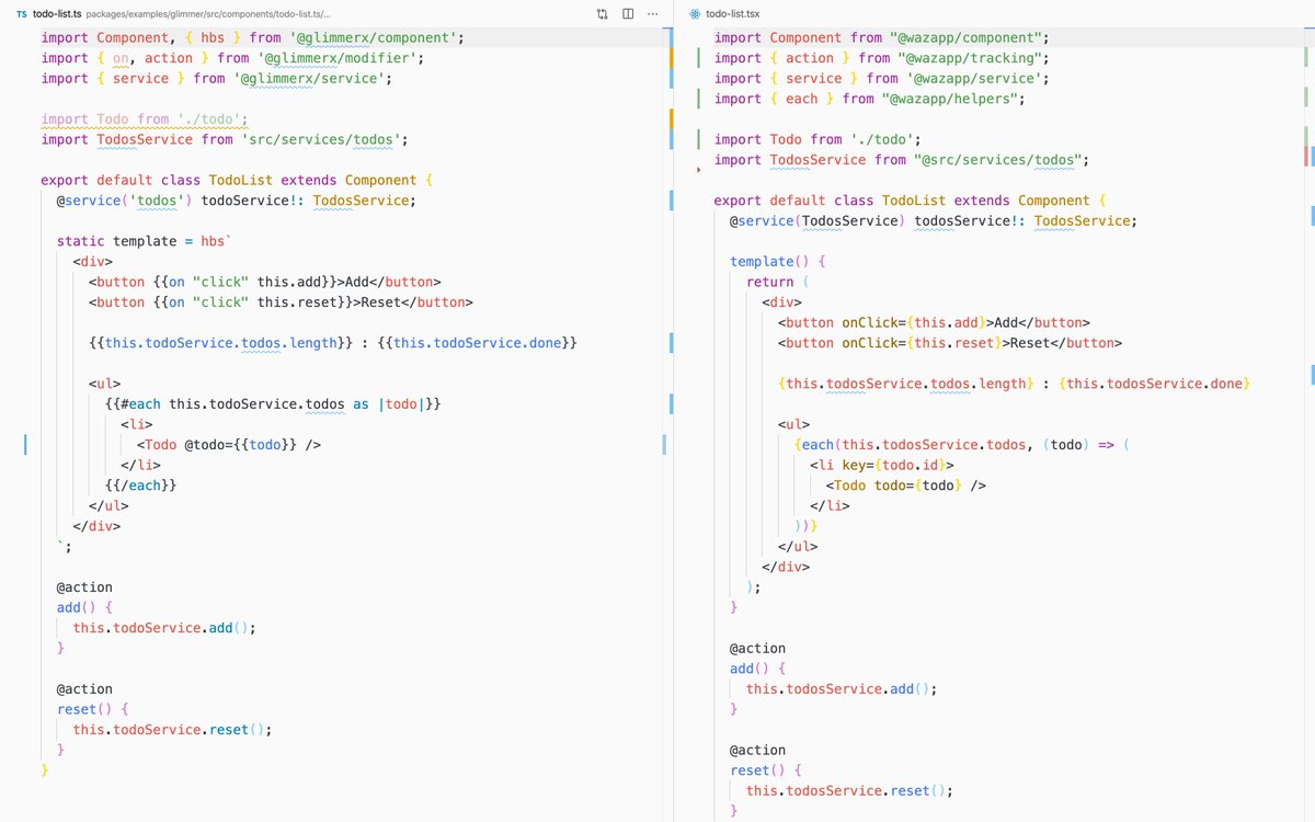 TheExelord's tweet image. Left side: #emberjs (#glimmerjs)
Right side: #wazapp (#reactjs)

Ember vs React war is some marketing bullshit! You can write code in both exactly in the same way. Ember tells you how to do things, React gives you a toolbox to do things. 

Now, open your mind 🤯 and deliver 🚀