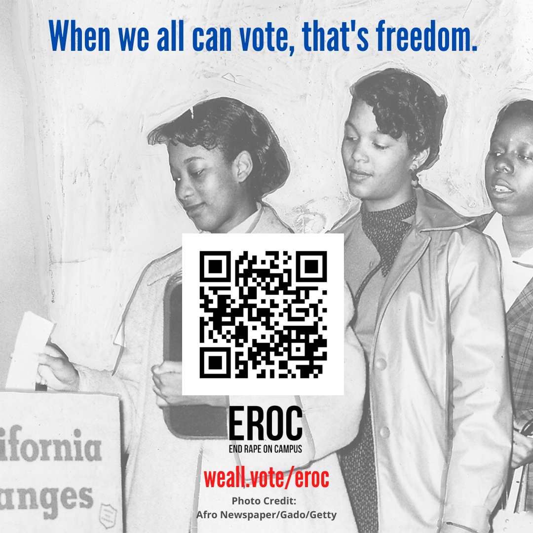EndRapeOnCampus's tweet photo. EROC is committed to registering 2,000 voters from communities that continue to be marginalized by voter suppression--this includes the important voices of survivors. No more blocks. No more barriers. 

Register: https://t.co/FQDQiUvgsz

#SurvivorsVoteMatters #WhenWeAllVote https://t.co/ae7cQ9YoW4