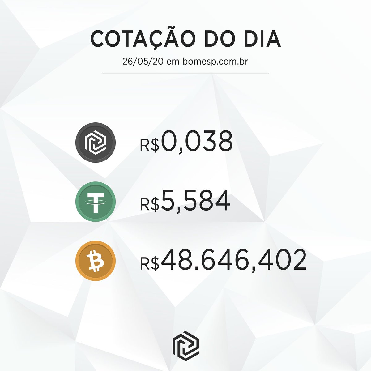 Confira a cotação do dia de hoje dos criptoativos negociados na plataforma brasileira da BOMESP.

Negocie em BOMESP.com.br

#blockchain #criptoativos #criptomoedas #criptocurrencies #bitcoin #theter #usdt #nbc #btc