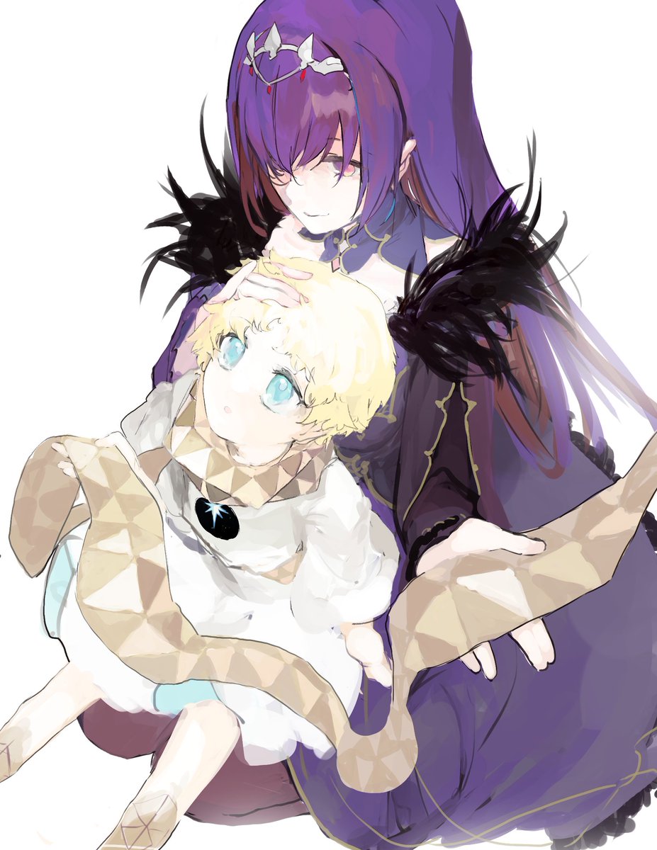 scathach (fate) ,scathach skadi (fate) 1girl 1boy blonde hair dress purple hair bangs scarf  illustration images