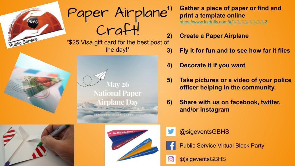 sigeventsGBHS's tweet image. Did you know that it is National Paper Airplane Day?! Join us with our craft and share your paper airplane with us! #virtualblockparty @GBHS_Signature @GBHSaacps