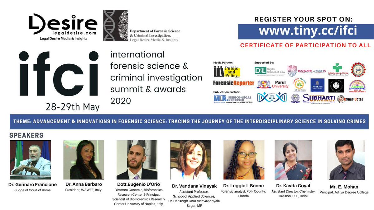 ForensicTimes's tweet image. #TheForensicTimes #ForensicIndia #ForensicEvent 
Dept of Forensic Sc &amp;amp; Criminal Investigation, Legal Desire presents &apos;IFCI Summit &amp;amp; Awards 2020&apos; on 28-29th May, 2020. Certificate of Participant to All. To Register, Visit: tiny.cc/ifci