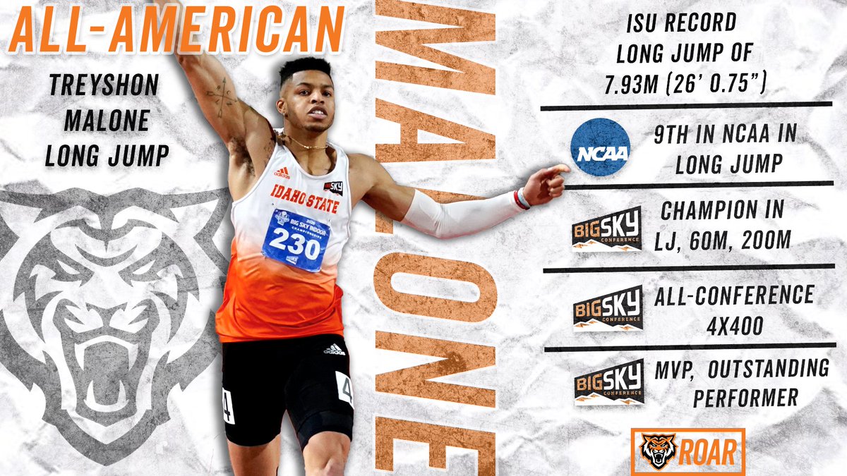 🧡 🇺🇸 🧡 
“Ladies and gentlemen, your latest Idaho State All-American. Congratulations Treyshon! 🧡🇺🇸🧡

Treyshon Malone becomes the first Bengal since 2012 to earn All-American Status❗️

Malone ended the indoor season Ranked 9th in the long jump❗️

Let the NCAA hear our #ROAR