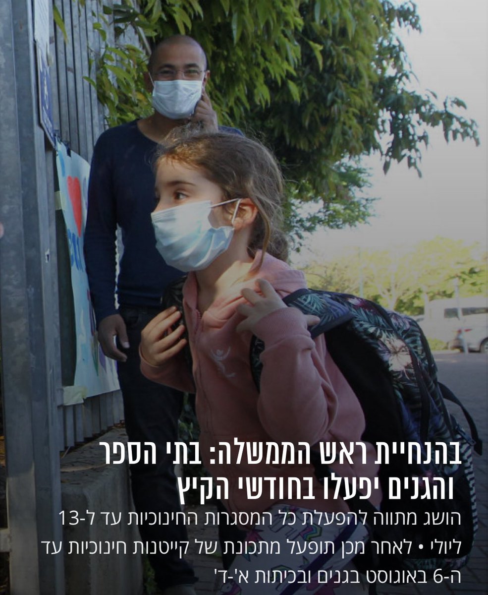 החלטנו להפעיל את בתי הספר והגנים במהלך יולי-אוגוסט. שנת הלימודים בגני הילדים ובבתי הספר היסודיים תוארך עד ל-13.7.20. מיד לאחר מכן תופעל קייטנה חינוכית עד שעות אחר הצהריים בגני הילדים ובכיתות א'-ב', ובמתכונת רגילה לכיתות ג'-ד' עד ל-6.8.20