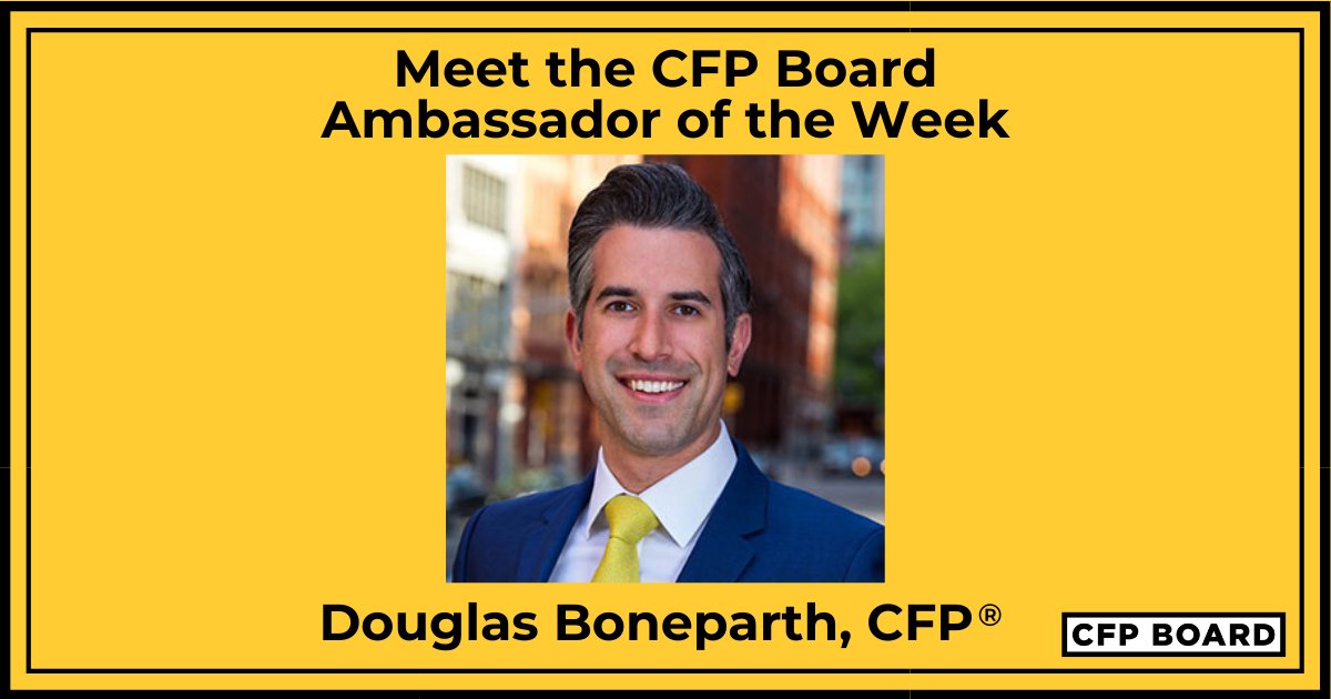 CFPBoard's tweet photo. The CFP Board Ambassador of the Week is Douglas Boneparth, CFP® (@dougboneparth). As a member of the @CNBC Financial Advisor Council, Douglas is passionate about sharing his financial expertise. We are proud to recognize the dedication of our Ambassadors. #LetsMakeAPlan https://t.co/gV86HiAMLz