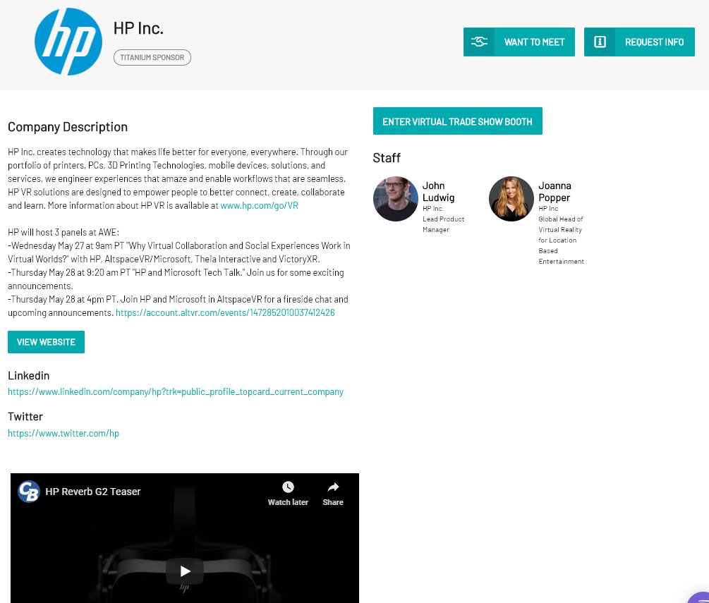 9/ Checking out  #awe2020 sponsor pages behind the conference paywall.Some sponsor pages have a button called "Enter Virtual Trade Show Booth" leading to a page to "Join Live Meeting," which starts a Zoom call.I found 10 companies w Virtual Booth ( @HP) https://online.awexr.com/sponsors 