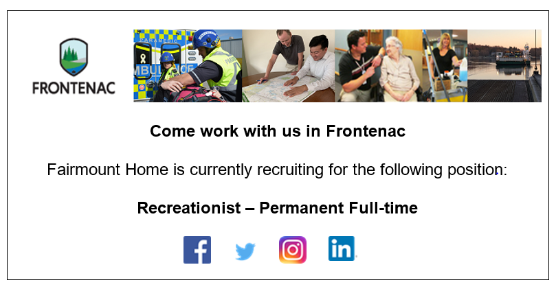 FrontenacCounty's tweet photo. Come work for us at #FairmountHome, our long-term care home. We are recruiting for a Permanent Full-Time Recreationist
For details on all available opportunities and how to apply visit our careers section at https://t.co/0XO2HpZkDe
#FrontenacRecruits https://t.co/alyQeLwmuH