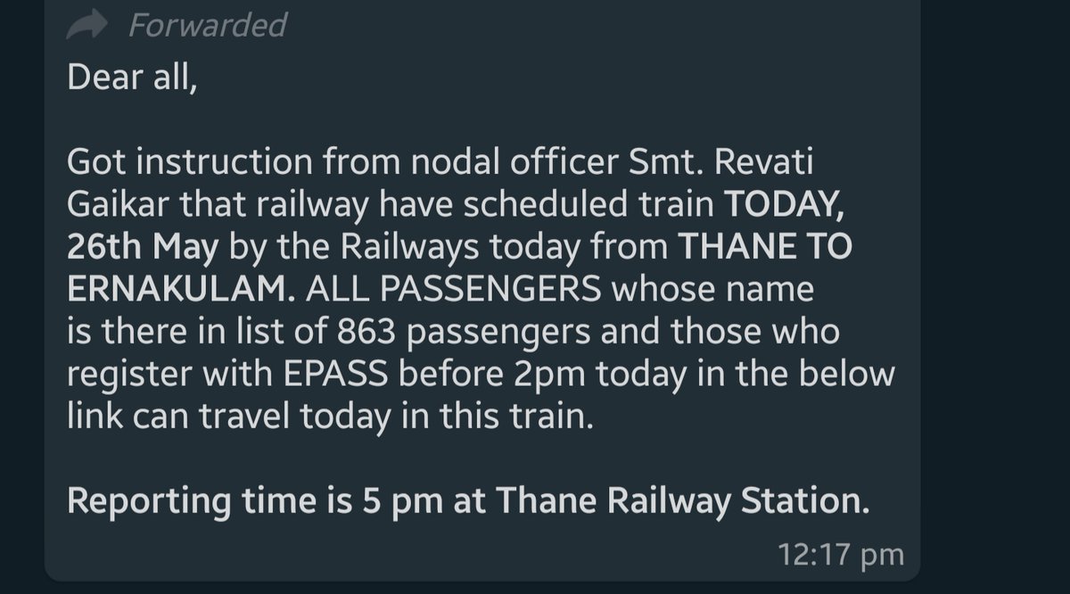 And out of nowhere, a new message informing that a train will be leaving Thane is sent in WhatsApp groups today (26th) after 12 PM (<6 hrs before the departure). This new message also mentions that registration up to 2 PM will be considered.
