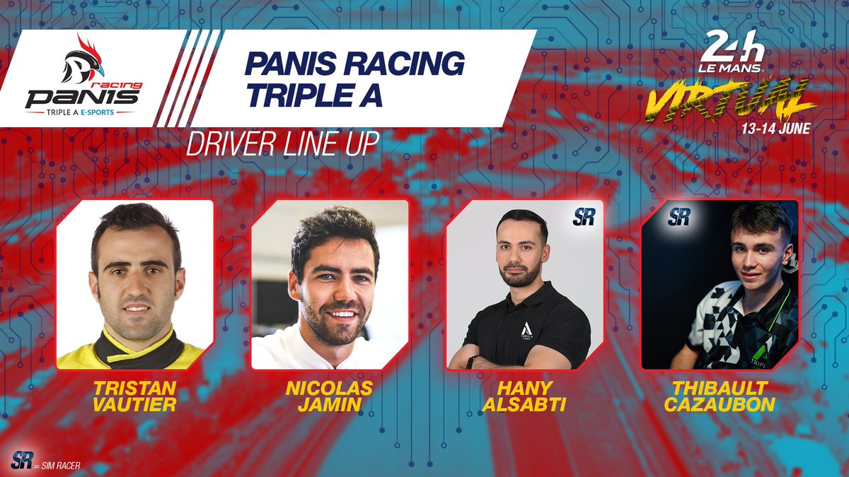 And the second @panisracing car will be driven by <a href="/TristanVautier/">Tristan Vautier</a> 🇫🇷, <a href="/nico_jamin/">Nico Jamin</a> 🇫🇷, Hany Alsabti 🇳🇱 and Thibault Cazaubon 🇫🇷! 

#LeMans24Virtual