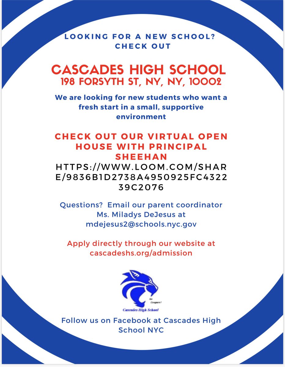 Looking for a fresh start in a small and supportive environment? Take a Virtual Open House tour of Cascades HS! They’re currently looking for new students. #nycdoe #access #citywide #transferhighschools #championsforchildren #manhattan #nyc