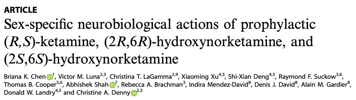 I can finally tweet about this epic tome by  @brikchen with  @alain_gardier,  @DenisJDavid,  @im74ve,  @cgamma4, et al. In her most recent paper (her 2nd paper in 7 mo), we sought to determine if the metabolites of ketamine could act as prophylactics against stress. (1/11)