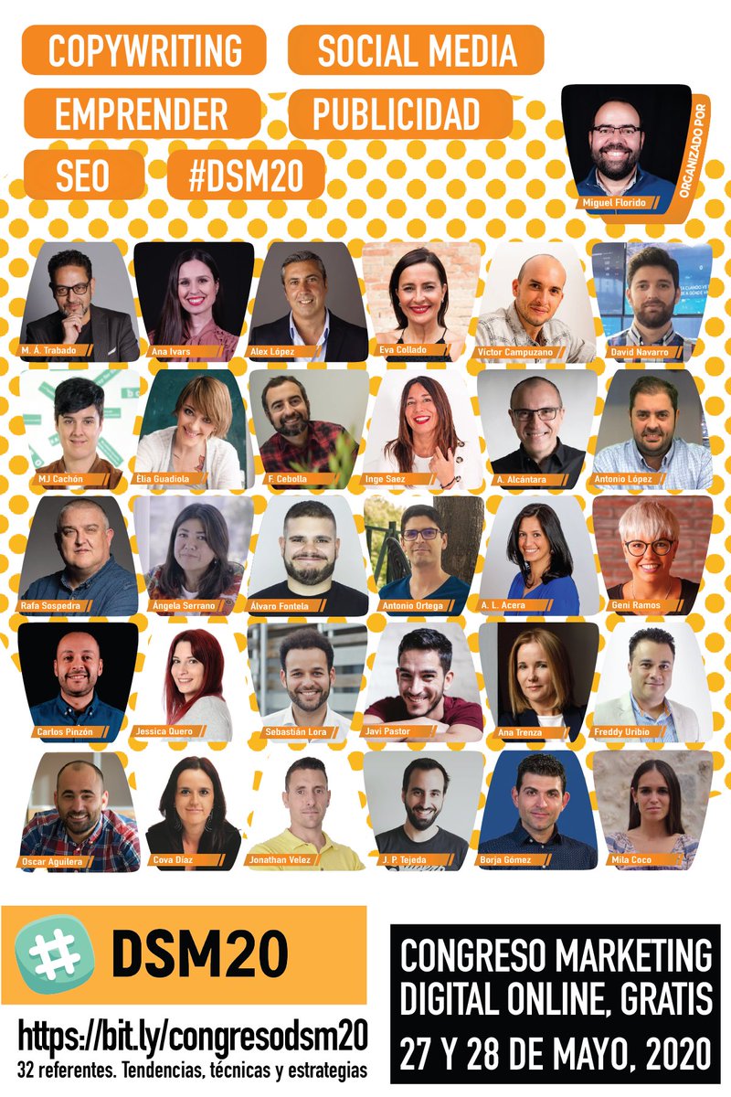 🎯 Vuelve el Congreso de Marketing Online #DSM20 [Gratuito y 100% Práctico]

💛32 Ponencias de 30 minutos
💛27 y 28 de Mayo de 2020
💛Se entregarán más de 33 Premios

👇Apúntate ahora👇
mtr.cool/lkhfjezgwb vía <a href="/escuelamktweb/">Escuela Marketing and Web 🎓</a>

#MarketingDigital #CommunityManager #SEO