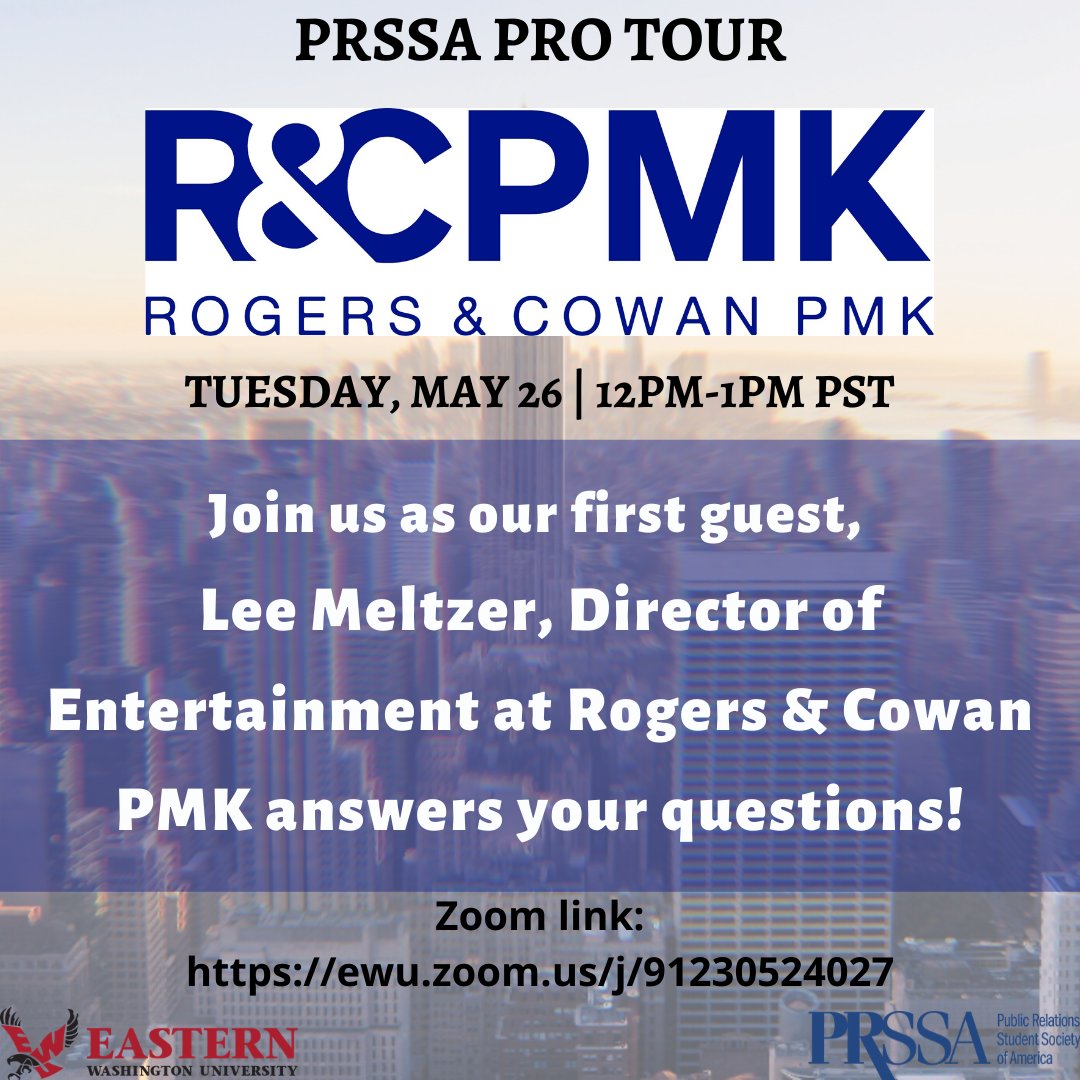 EWUPRSSA's tweet photo. Join EWU PRSSA at 12pm today as we have our first quest, Lee Meltzer talk about what it is like to work an entertainment PR agency representing the top celebrities. All EWU students are welcome and encouraged to join us! 
https://t.co/WHR0eEIyrB https://t.co/fieJiSrOn0
