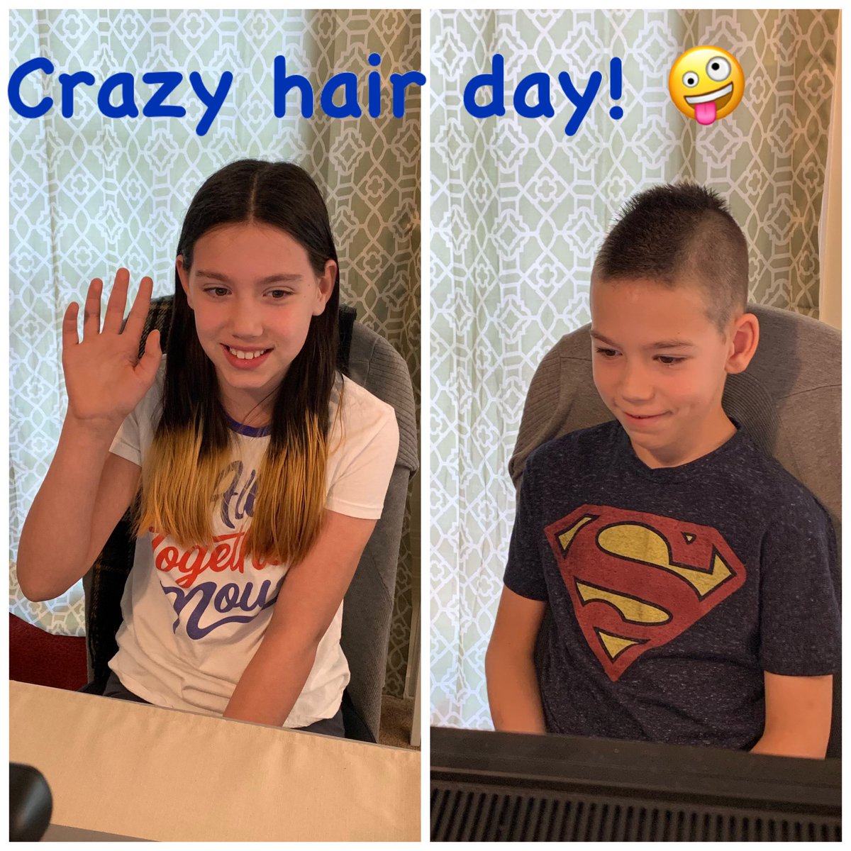 amears81's tweet photo. Virtual crazy hair day! 🤪 Kiddos enjoyed “seeing” their teachers and classmates today. I can’t believe it’s the last week of school!! #onefamily #conwayleaders #crazyhairday https://t.co/mpGomFKQeV