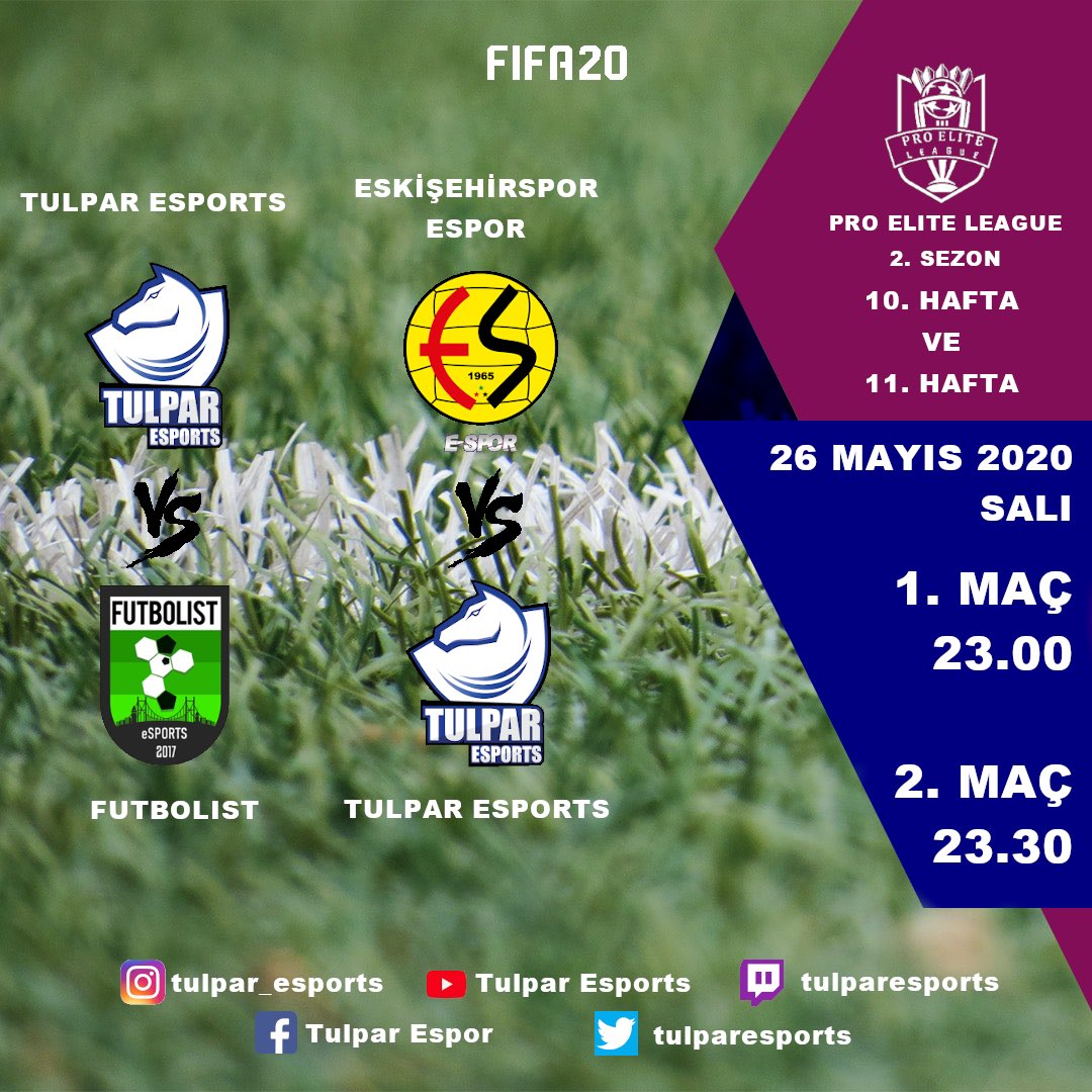 tulparesports's tweet photo. @proeliteleague 10. Hafta ve 11. Hafta maçları için sahaya çıkıyoruz. 

📆 26 Mayıs 2020 Salı
📺 https://t.co/LTP62QC9Lp

🆚 Futbolist
⏱ 23.00

🆚 Eskişehirspor Espor
⏱ 23.30

#elitlerinligi #fifa20 #fifaproclubs #proclubs #tulparesports #tulparşahlanıyor https://t.co/oIkU9ZDdss