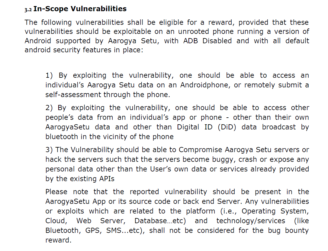 PIBMumbai's tweet photo. 3 types of @SetuAarogya vulnerabilities are eligible for a reward, in #AarogyaSetu #BugBountyProgramme
✡️Ability to access a user's #AarogyaSetu app data
✡️Ability to access other people's app data
✡️Ability to crash / hack app servers, leading to data expose
#IndiaFightsCorona https://t.co/kyHVStjAV2