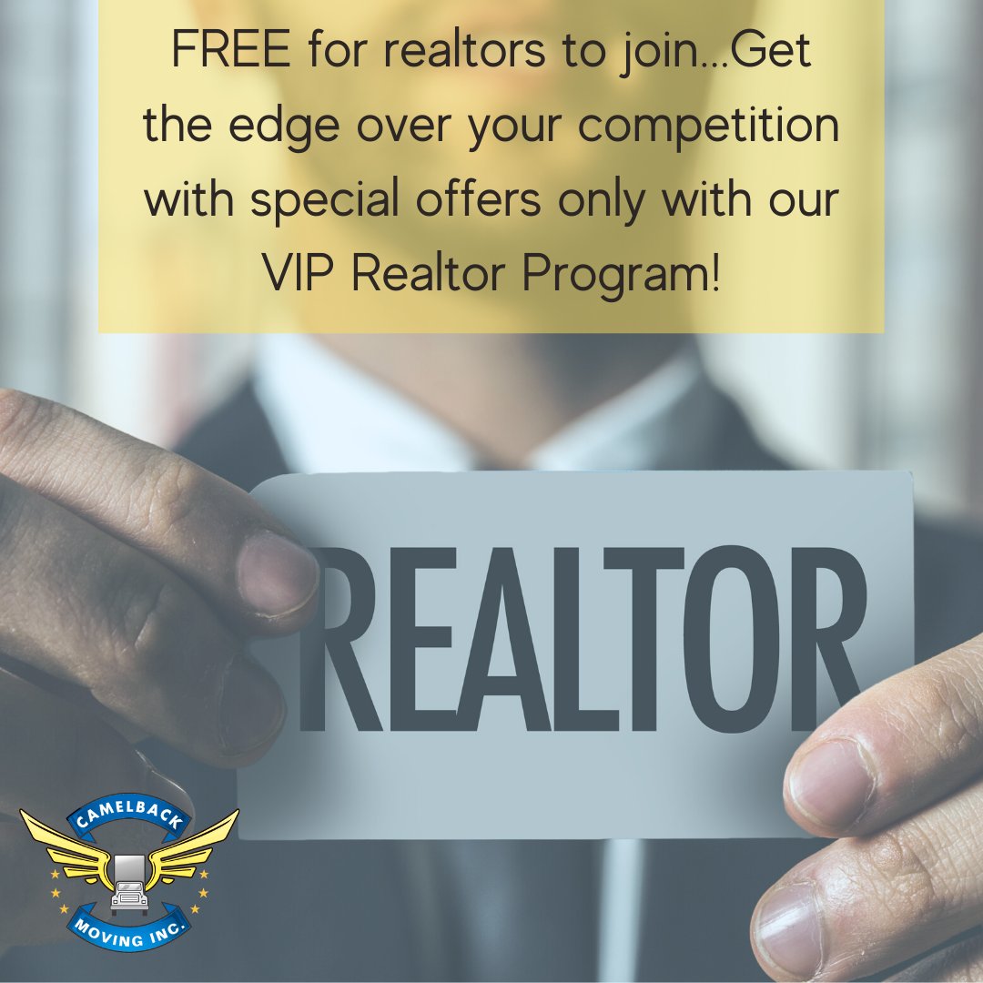 CamelbackMoving's tweet photo. What is the one service that we offer that can be a huge benefit to Realtor's throughout the area? Our VIP Realtor Program. With this program, realtors can offer special incentives to their clients, giving realtors the edge over competing realtors. #CamelbackMoving #VIPRealtor https://t.co/uhiQnnOk3X