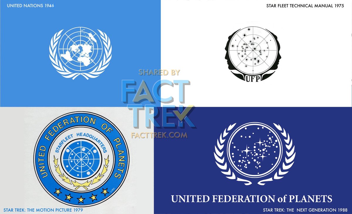 Both the “United Earth” and medical caduceus emblems are clearly inspired by the UN Logo, adopted in 1946. The United Federation of Planets logos seen in the Star Fleet Technical Manual, then ST—TMP, TNG and their descendants are obvious lifts.  #StarTrek  