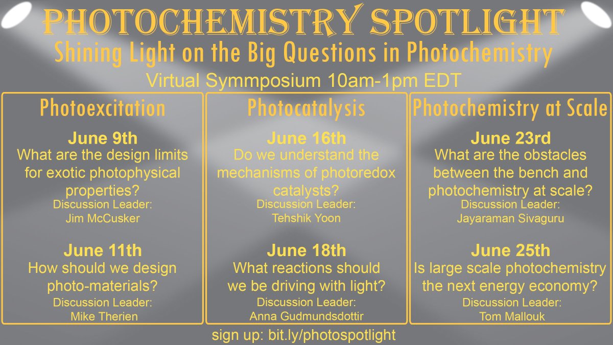 swierklab's tweet photo. Along with the amazing @LAFredin and @A_JeanLuc_A, I am excited to announce a virtual symposium that will spotlight early career faculty and stimulate provocative discussions! Sign up now to join us Tu/Th 10am-1pm EDT in June! https://t.co/PKeAMQgAEK #virtual #photochemistry https://t.co/bdB6z0UFgV