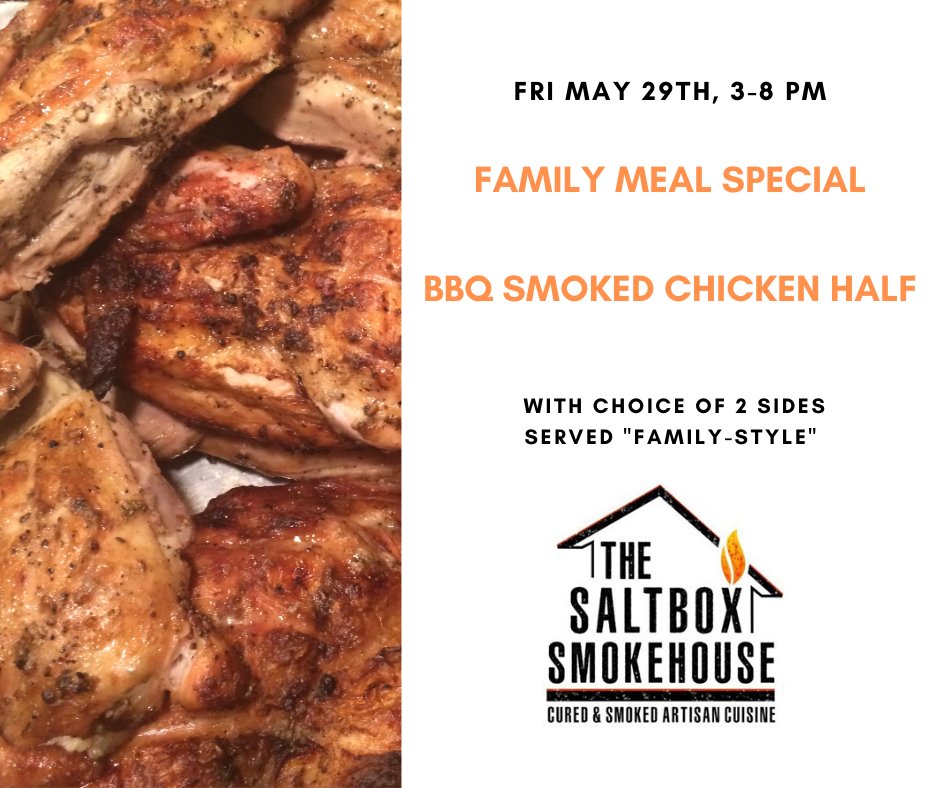 SaltboxS's tweet photo. Friday, May 29 we're offering Smoked BBQ Half-Chicken Dinner with our special marinade, 3-8 PM. Served Family Style with 2 sides: Cornbread, Smoked Beans &amp; Bacon, Coleslaw, Garlic &amp; Chive Salt Potato or Side Salad.

Pre-order: 315-553-2663

Curbside Pickup 
6152 Barclay Rd, Sodus https://t.co/8zoh1VPPoe