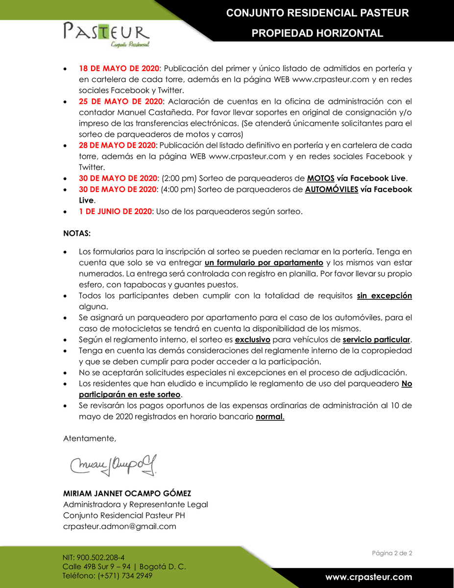 ConjuntoPasteur's tweet photo. Estimados vecinos, buenas tardes. Se comparte cronograma para sorteo de parqueaderos que se realizará por Facebook Live. Trabajamos juntos para lograr el funcionamiento de nuestro conjunto pese a las adversidades que se nos presenten. #Yosoypasteur

https://t.co/0ga8EKbUCU https://t.co/lX3n86ityz