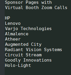 9/ Checking out  #awe2020 sponsor pages behind the conference paywall.Some sponsor pages have a button called "Enter Virtual Trade Show Booth" leading to a page to "Join Live Meeting," which starts a Zoom call.I found 10 companies w Virtual Booth ( @HP) https://online.awexr.com/sponsors 