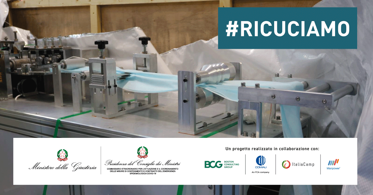 ManpowerGroupIT's tweet photo. Oggi al via #RICUCIAMO, il progetto del @minGiustizia e del Commissario straordinario per l'emergenza #Covid19 per la realizzazione di mascherine chirurgiche in 3 istituti penitenziari, siamo partner insieme a @BCGinItaly @comaugroup @FCAgroup @ItaliaCamp @HumanAgeInsIT https://t.co/aPleJmwYMe
