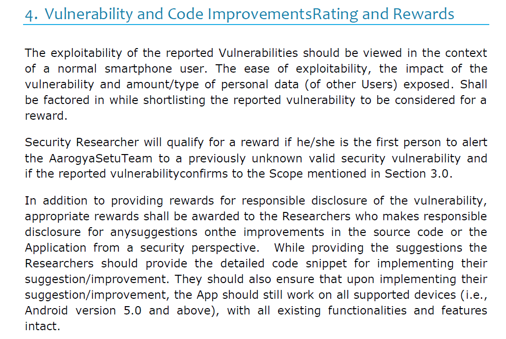 PIBMumbai's tweet photo. Be the 1st person to alert #AarogyaSetu team to a previously unknown valid security vulnerability
That is how you qualify for a bounty in #BugBountyProgramme
✅Ease of exploiting the risk
✅Impact
✅Extent of data expose;
Will be considered while deciding the winners. https://t.co/ZYSMpSgHsb