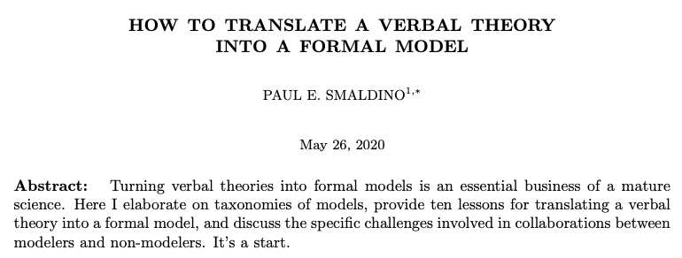 psmaldino's tweet image. How to translate a verbal theory into a formal model. 

I just uploaded this paper. Hopefully some people find it useful. Feedback very much appreciated. osf.io/preprints/meta…
