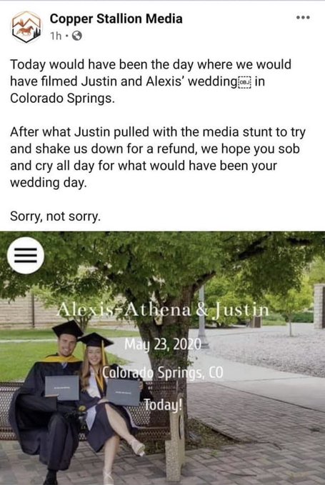 Enraged, Jesse went on a scorched-earth campaign against Justin, writing in a post, "we hope you sob and cry all day for what would have been your wedding day." He also created a website specifically to shame Justin, having the Copper Stallion Media URL redirect to it.