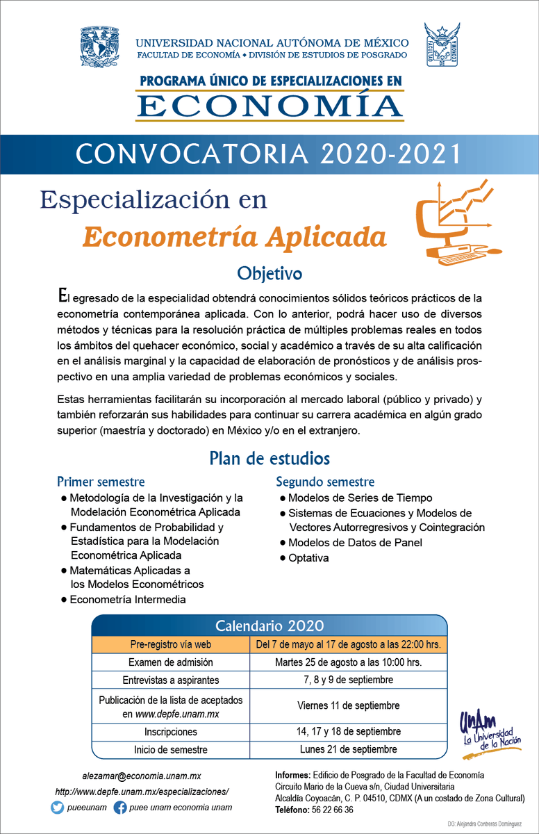 UnamCempe's tweet photo. Compartimos con ustedes información sobre la especialidad en Econometría Aplicada que ofrece la División de Estudios de Posgrado de la Facultad de Economía, UNAM 
@depfeunam @pueeunam https://t.co/NoeIAznS7r