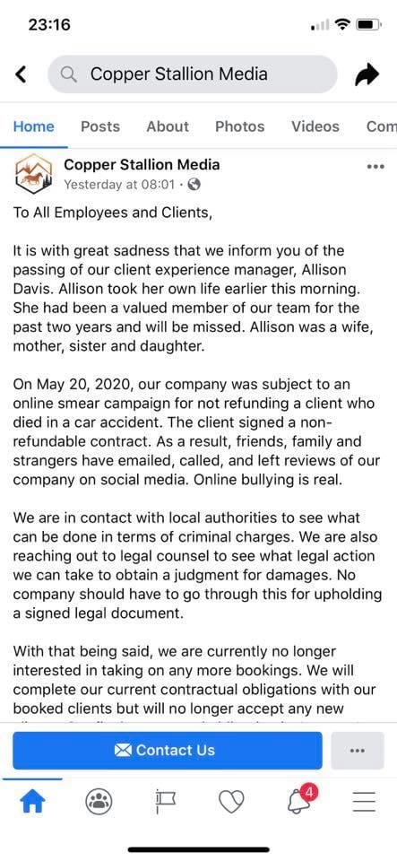 Jesse then claimed that his "client experience manager," Allison Davis, had committed suicide due to all of the online harassment that Justin's attacks had caused. However, no other evidence of this has surfaced, and most people seem dubious.