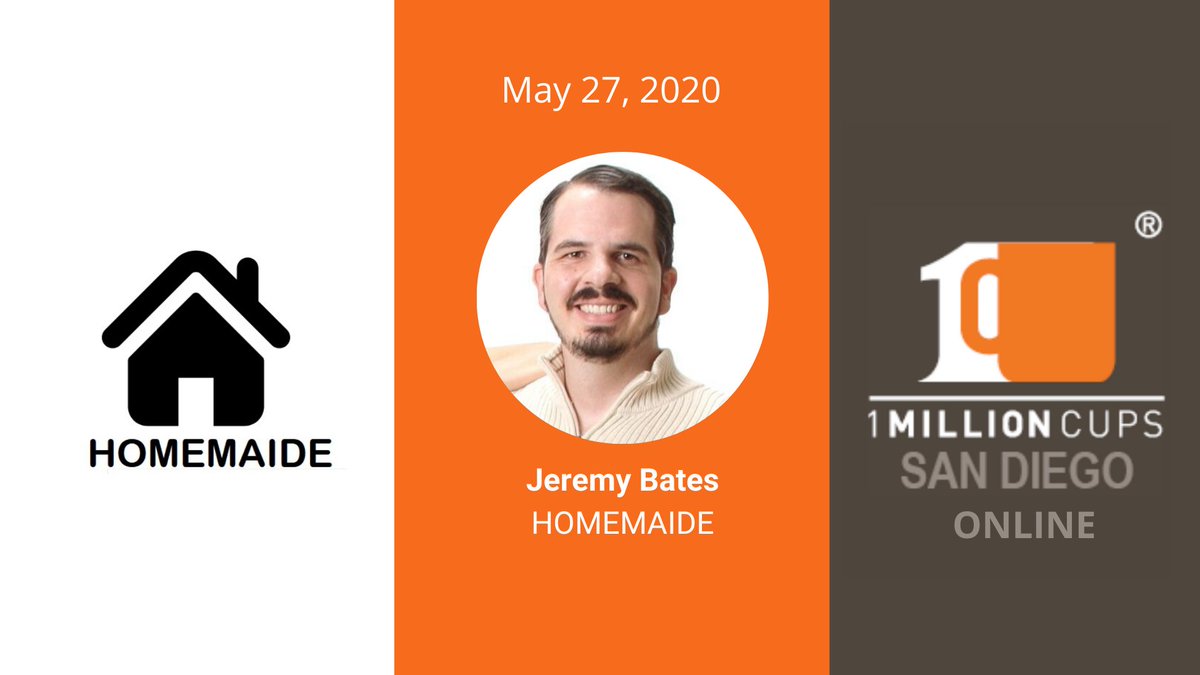 Join us TOMORROW for virtual #1MillionCupsSanDiego! This week we're hearing from Jeremy Bates with <a href="/homemaide/">homemaide</a> — a platform that allows you to purchase items you love with a screenshot. 🏠🤔Click here to join us on Zoom at 9 AM PDT: shor.by/1mcsd