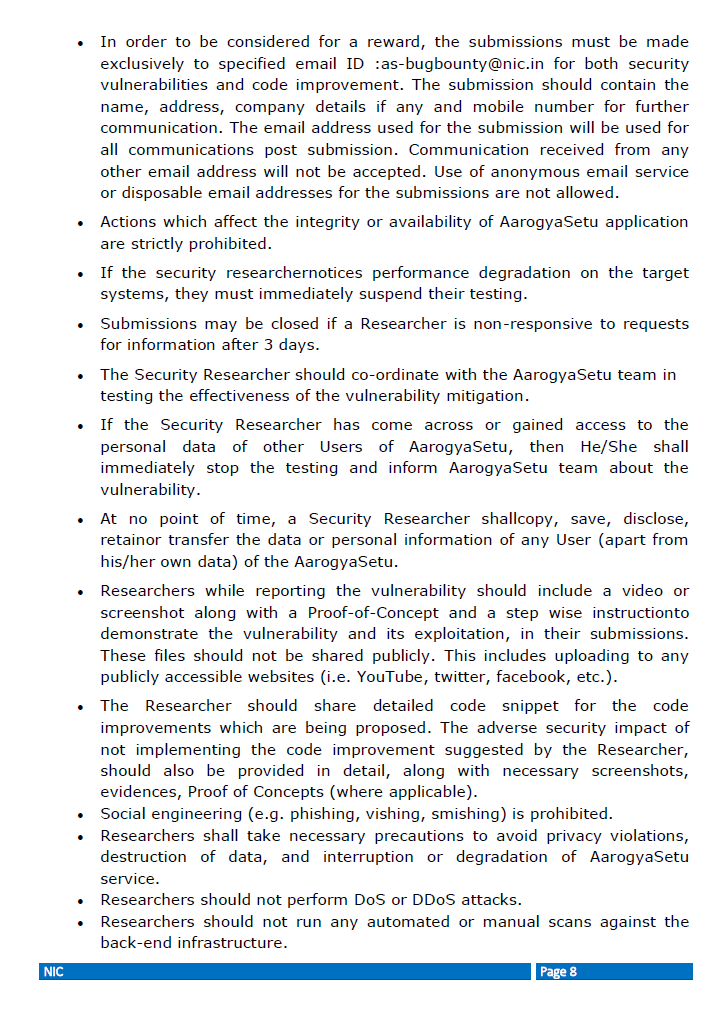 PIBMumbai's tweet photo. And now the Rules!
#AarogyaSetu #BugBountyProgramme is for residents of India; others can submit, but will get certificates, not rewards
✅Both individuals & groups can participate
✅User data to be protected during testing
✅Deadline: before midnight of 26 June, 2020!🔚 https://t.co/jdqhgLcsIl