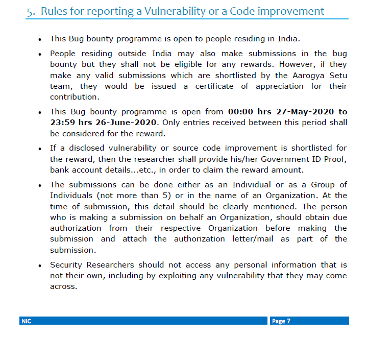 PIBMumbai's tweet photo. And now the Rules!
#AarogyaSetu #BugBountyProgramme is for residents of India; others can submit, but will get certificates, not rewards
✅Both individuals & groups can participate
✅User data to be protected during testing
✅Deadline: before midnight of 26 June, 2020!🔚 https://t.co/jdqhgLcsIl